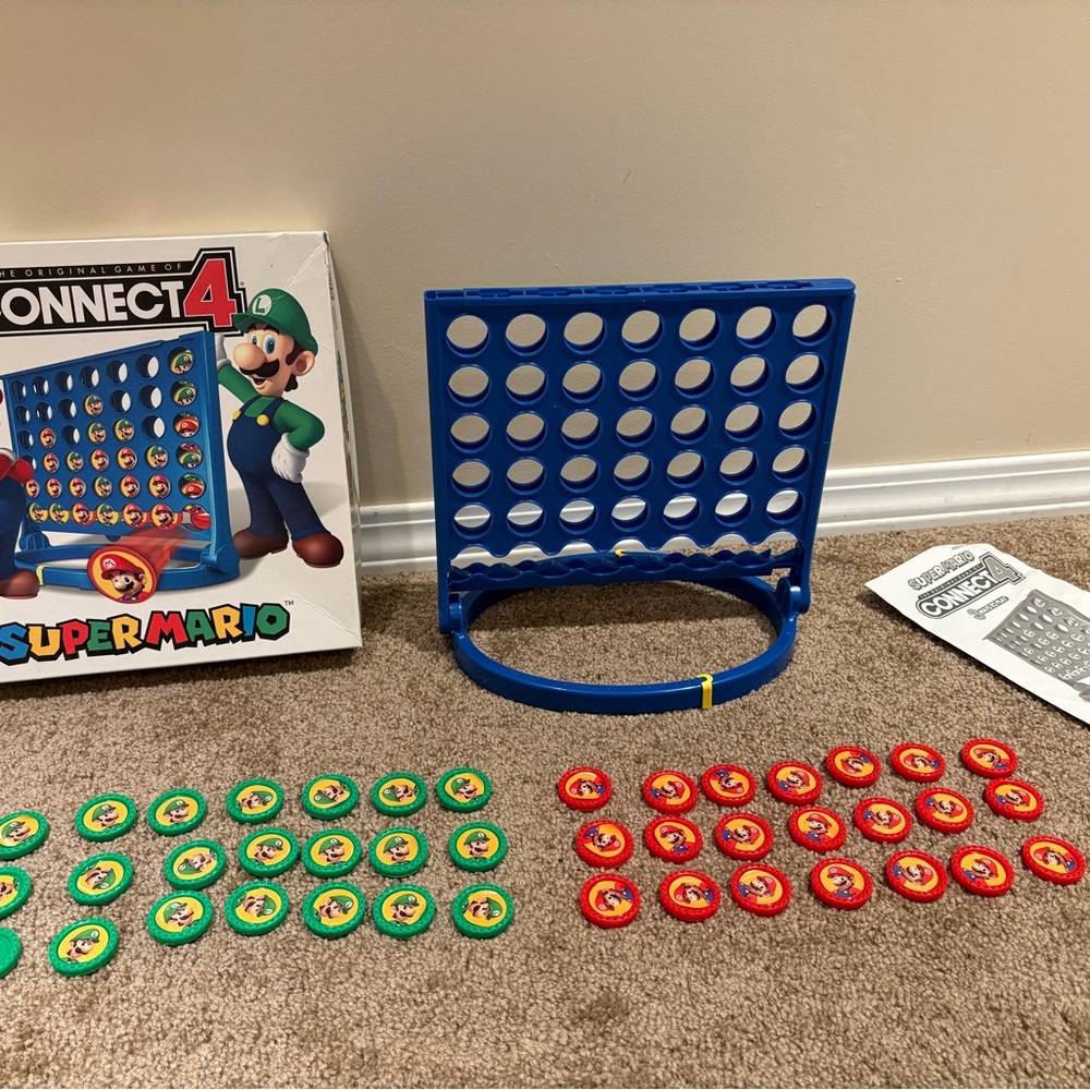 Connect 4 Super Mario Edition Game - Blue Game Board with Red & Green Chips